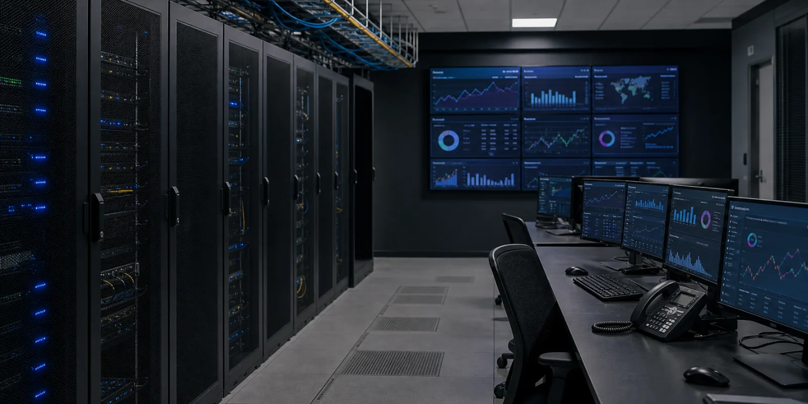 Network operations room with data center racks and monitoring dashboards