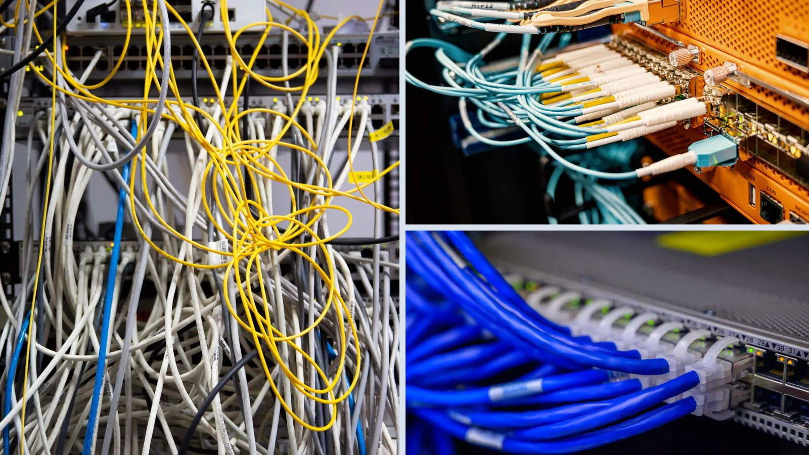 Tangled network cables beside two examples of organized, identifiable connections