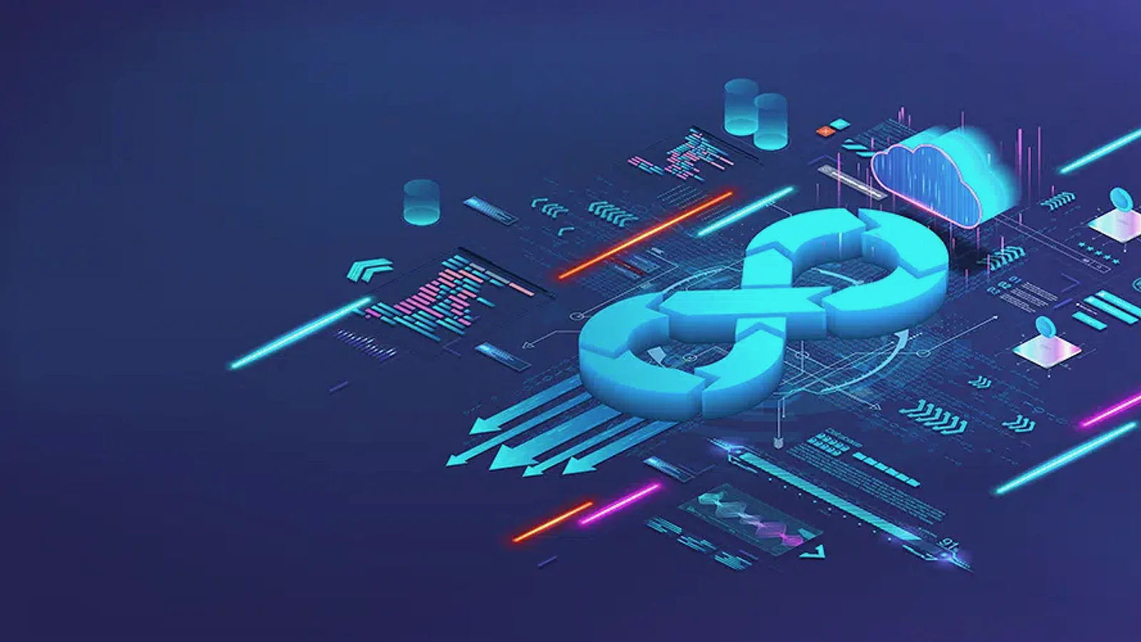 A DevOps infinity loop connecting code, cloud infrastructure, data, and delivery signals