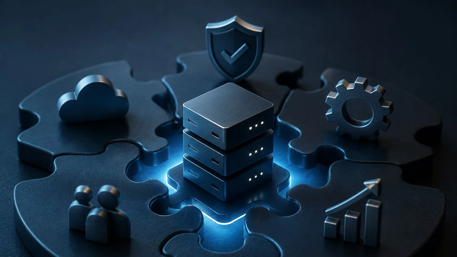 Cloud, security, operations, people, and growth connected around a central technology platform